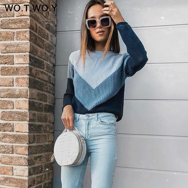 

wotwoy autumn winter contrast color women sweater casual long sleeve pullovers women o-neck knitted jumper femme soft, White;black