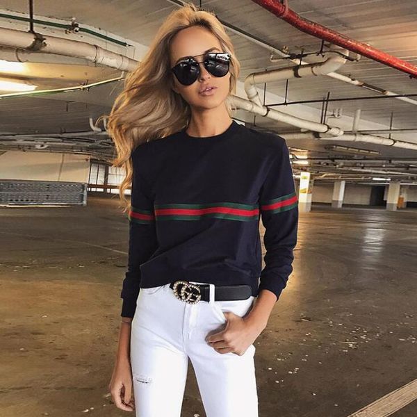 

KLV Женская красная полосатая печать с длинным рукавом O-образным вырезом Пуловеры