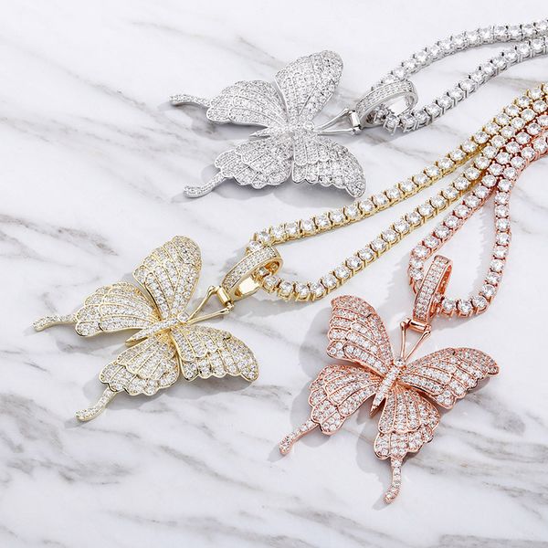 

trendy mens women necklace jewelry gold plated ice out bling cz butterfly pendant necklace with 24inch rope chain for men women, Silver