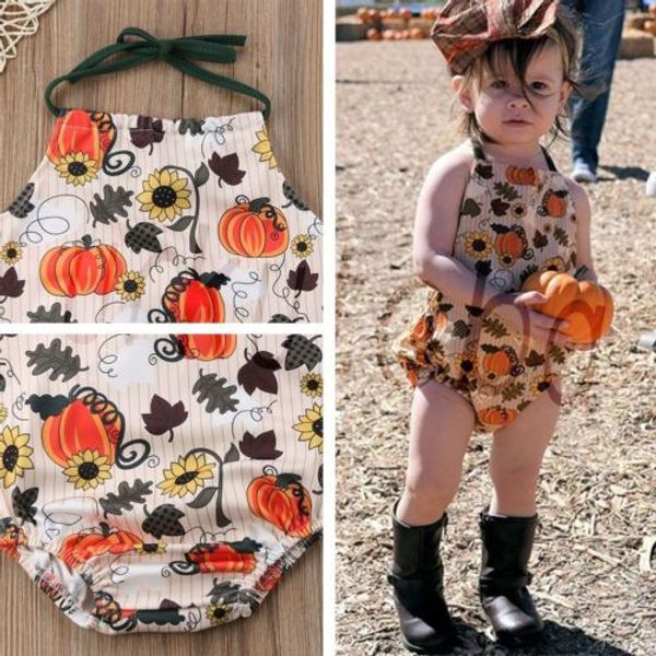 

New Halloween Pumpkin Bodysuits Floral Infant Baby Girl Sleeveless Halter Jumpsuit Toddler Bodysuit Children Clothes Outfit