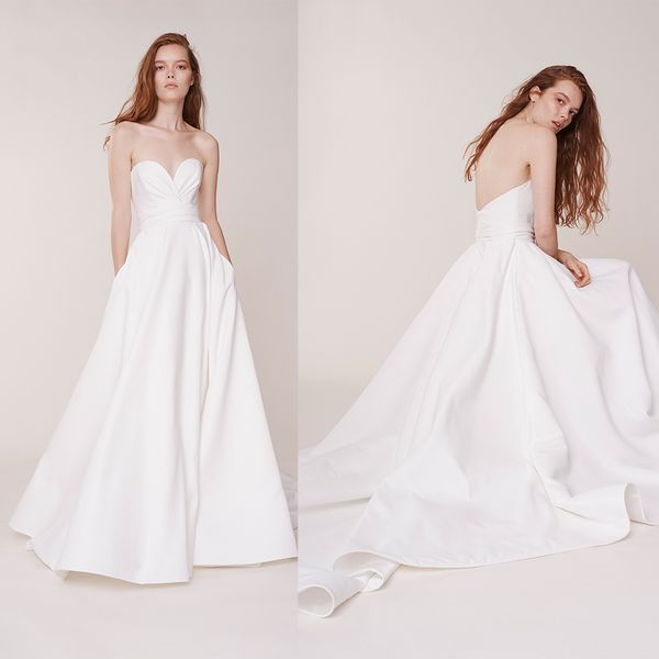 

simple a line rita vinieris bohemian dresses strapless sleeveless satin ruched sash wedding gowns sweep train robe de mariÃ©e, White