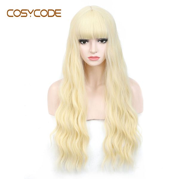 

cosycode blonde wig with bangs long wavy curly wig 26 inch synthetic cosplay party wigs for women color 613, Black