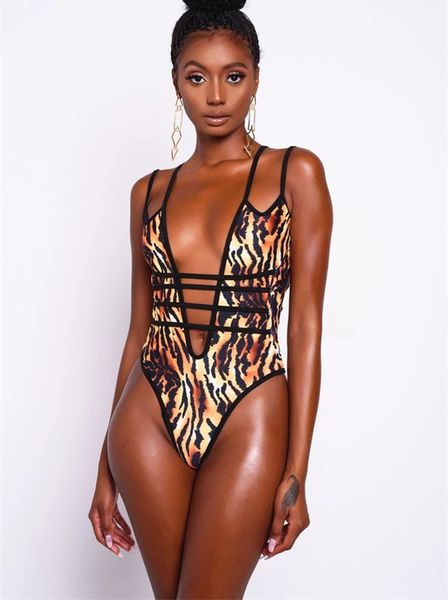 

print neckline one-piece swimsuit deep v-neck backless women monokini 2020 girl beach bathing suit swimwear, White;black