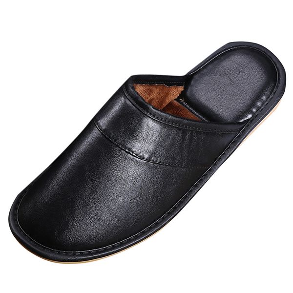 

winter men's home slippers plus velvet warm men slippers waterproof imitation leather comfortable indoor outdoor shoes a40, Black