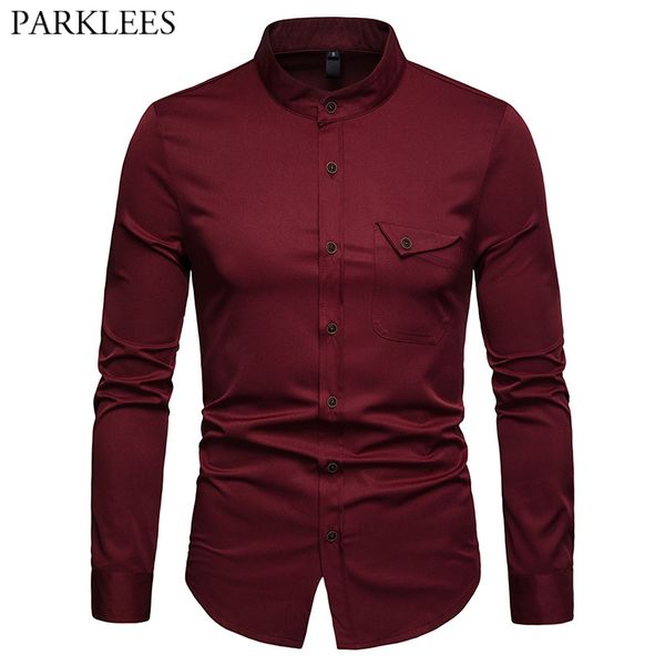 

mens solid mandarin collar shirt 2019 casual slim fit wine red dress shirts for men plus size woke camisas social masculina, White;black