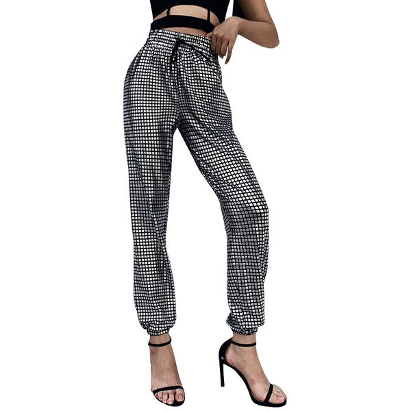 

womens high waist jogger pants club wear plaid trousers sweatpants, Black;white