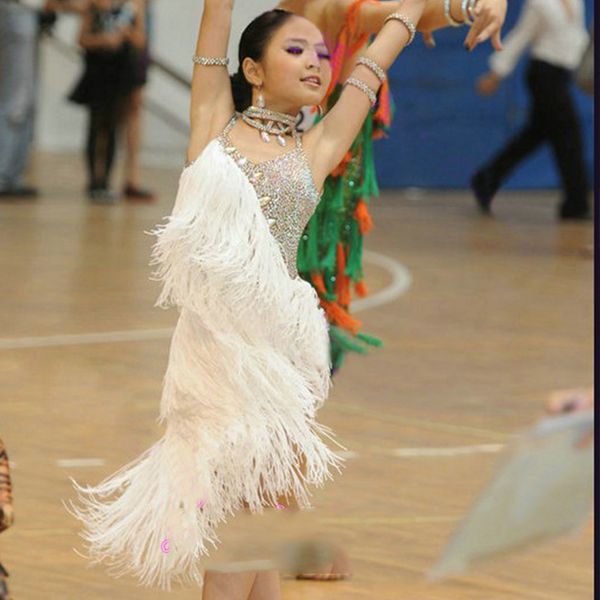

latin dance dress kids dresses for girls white tassels fringe cha cha flamengo tango salsa dress competitive dance bl03, Black;red