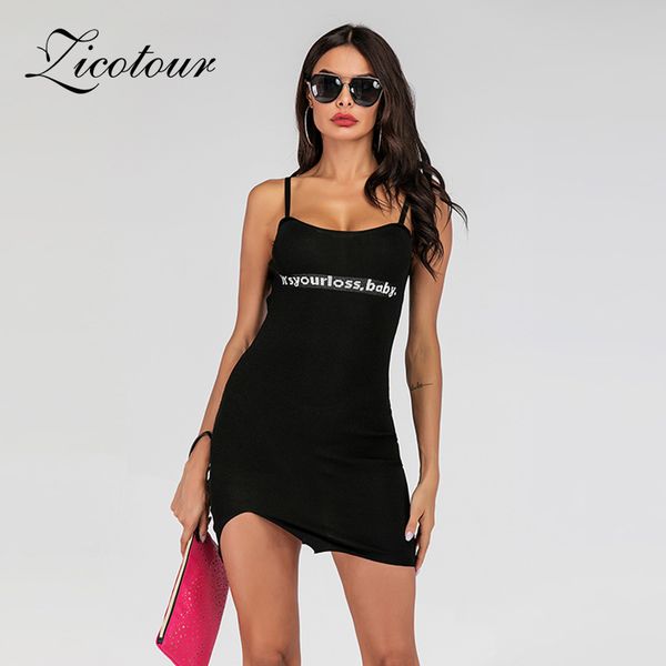 

zicotour 2019 summer black strap dress with letter printing women fashion sports dress ladies short knit clothes, Black;gray