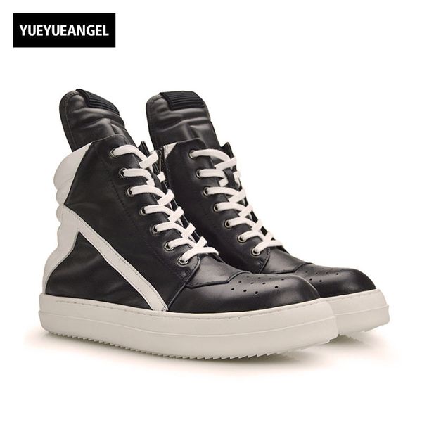 

men shoes 2018 new high-ankle boots genuine leather luxury trainers boots casual lace-up zipper flat black white shoes
