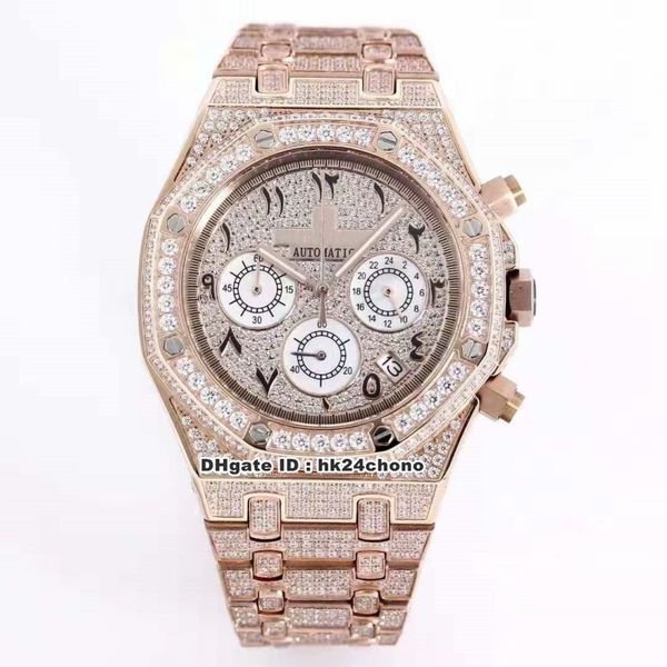 

41mm 26331 rose glod full diamonds vk quartz chronograph mens watch diamond arabic dial rose glod diamonds strap gents watches, Slivery;brown