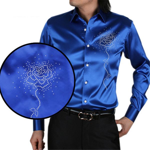 

men's luxury silky roses shirts shirts long sleeve fashion loose casual silk like men dress shirt wedding party clothes, White;black