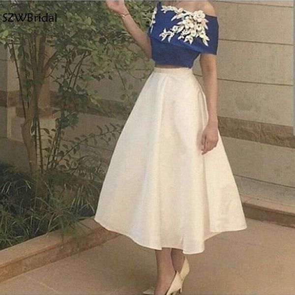 

new arrival two pcs royal blue short evening dress 2019 flower lace appliques prom evening gown abiye vestidos elegantes, White;black