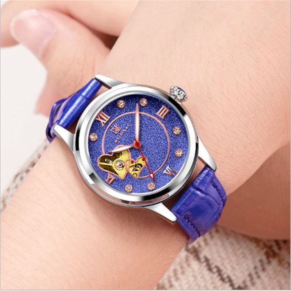 

designer new candy-colored leather fashion machinery ladies stainless steel pin buckle hollow automatic movement roman sports watch, Slivery;brown