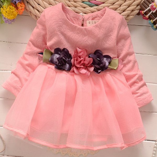 

2019 new fashion cute stitching dress pure cotton long sleeve female baby cartoon print mini knee dress, Red;yellow