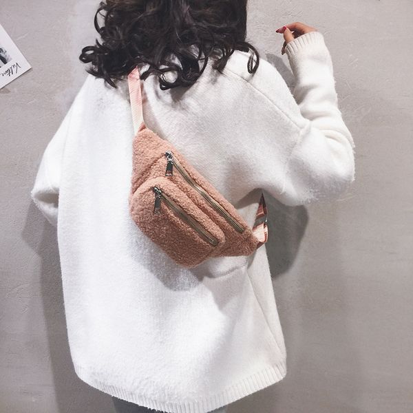 

2020 new korean version of the shoulder bag women's casual fashion lamb wool double pocket waist bag crossbody