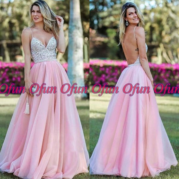 

fascinating spaghetti strap a line prom dress 2019 backless floor length beaded tulle evening party gown robes de soirÃ©e, Black