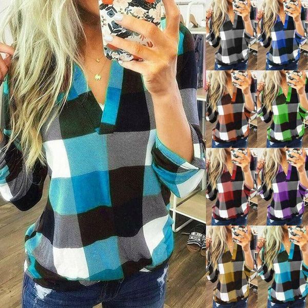 

8 colour s-5xl womens long sleeve plaid check t shirt ladies v neck blouse plus size 56057255464021, White
