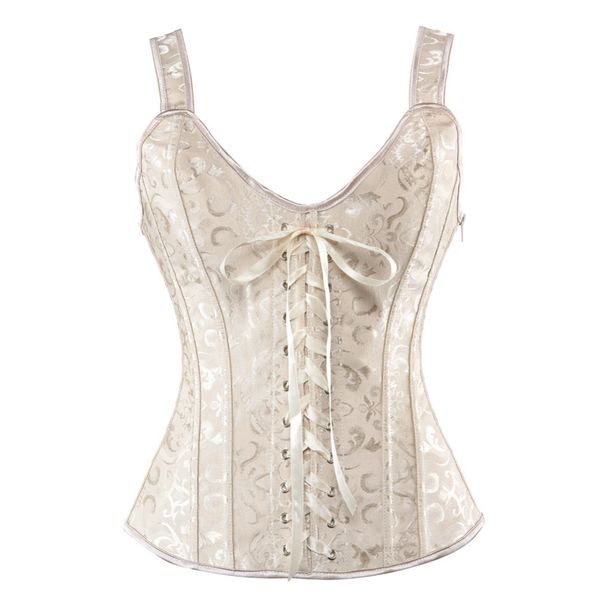 

jacquard overbust corset with zipper shoulder straps bustier corselet vest with lace up corselet espartilhos, Black;white