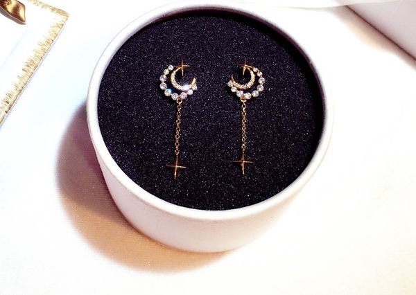 

fashion luxury designer sparkling diamond crystal beautiful lovely star moon long pendant drop dangle stud earrings for woman girls, Golden;silver