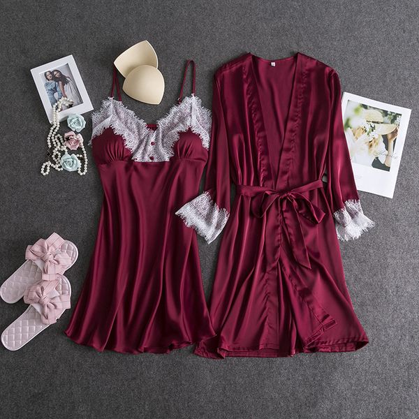 

2019 new fashion spring summer nightgown women two piece suit dress lady silk satin lingerie soft pajamas set robe set, Black;red