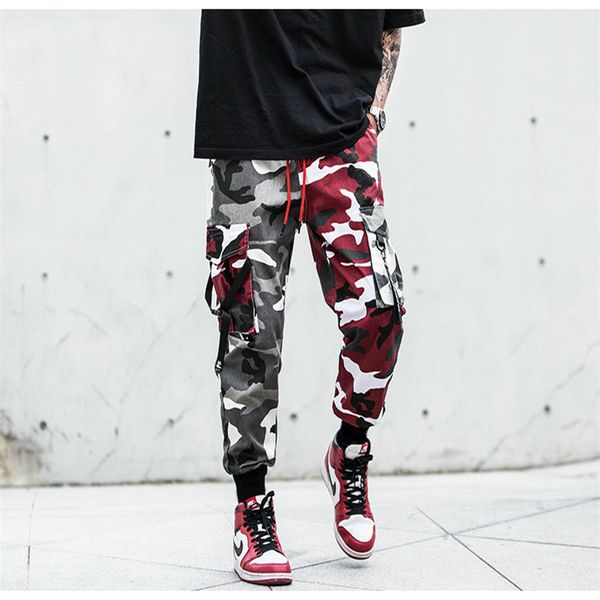 

camouflage splice joggers pants men camo streetwear mens cargo pants hip hop trousers multi-pocket cotton overalls male, Black