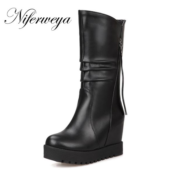 

2016 new fashion winter shoes big size 33-50 solid pu leather height increasing high heels warm slip-on women boots hqw-188-3, Black