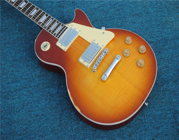 

1959 flame maple led zeppelin jimmy page #7 tom murphy aged relic sunburst electric guitar one pc neck & body, little pin tone