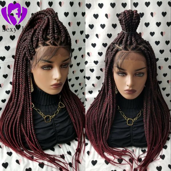 Free Part Ombre Red Color Braided Box Braids Lace Frontal Wig Heat