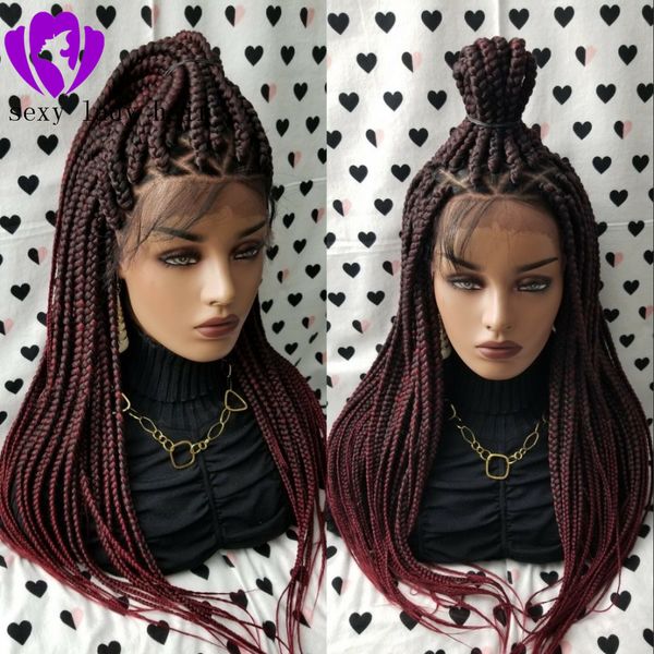 Free Part Ombre Red Color Box Braids Lace Frontal Perücke Hitzebeständiges Haar Lange natürliche voll geflochtene Perücken für schwarze Frauen