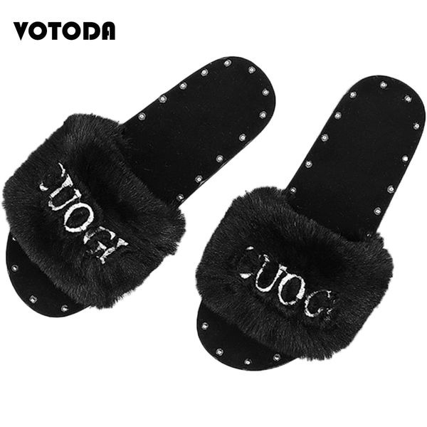 

new women plush slippers fashion rivet shoes with letters casual beach slides lady house sandals non slip flat slides soft shoes, Black