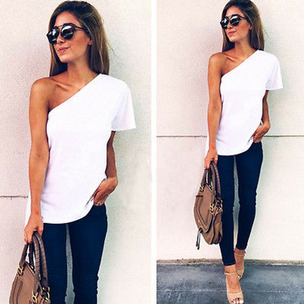 

summer women casual blouse sleeveless long one shoulder shirt, White