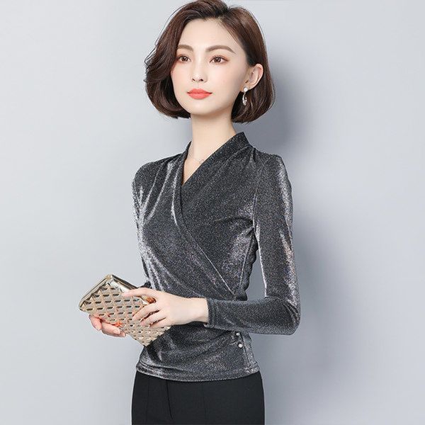 

elegant women's autumn lace shirts women's casual long sleeve v-neck fashion blouses sequin temperament slim dd8282, White