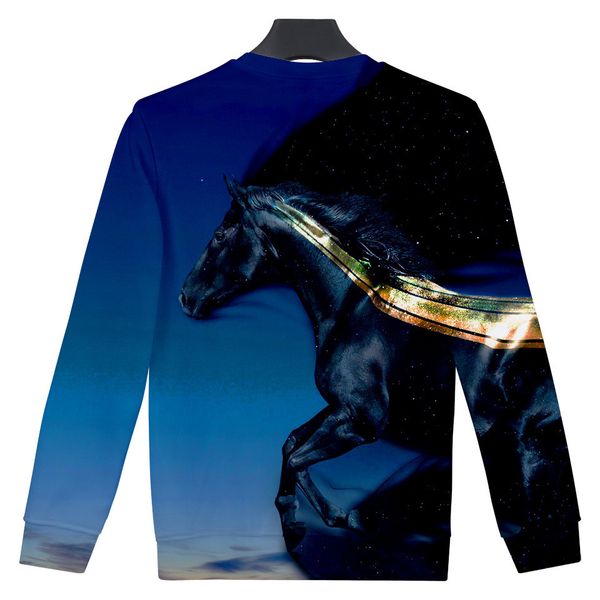 

3d trend men and women round neck pullover sweater blackhorse animal number printing, Black