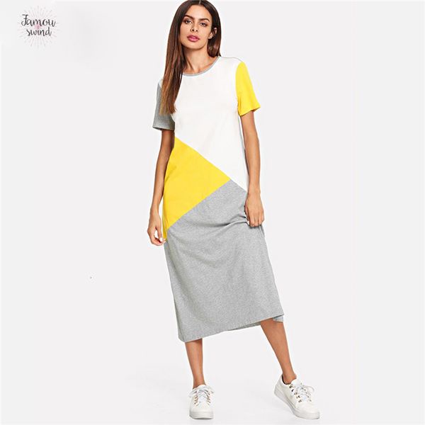 

цвет блока мундир платье v шеи женщины streetwear straight сыпучие длинные платья 2019 лето весна с коротким рукавом повседневные платья, Black;gray