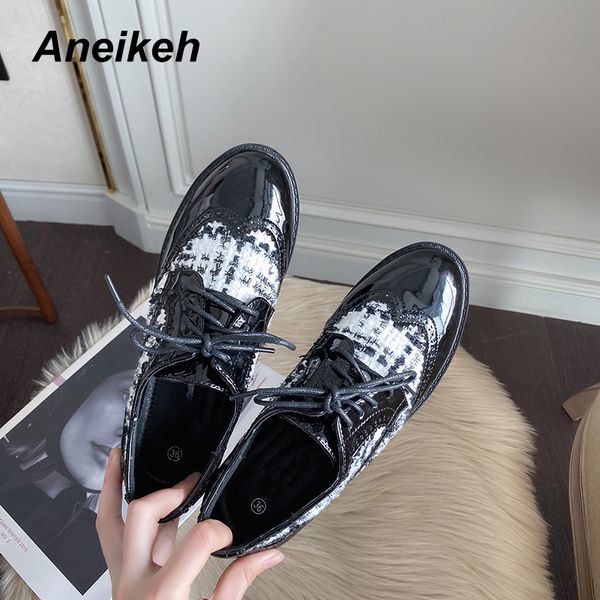 

aneikeh fashion 2020 new spring autumn square toe oxfords bandage mixed colors cross lace-up pu leather flat shoes women black