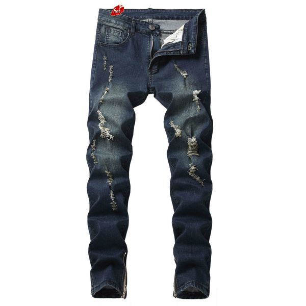 

fashion skinny jeans for mens spring casual slim fit streetwear ripped hole zipper hiphop stretch denim pants o8r2, Blue