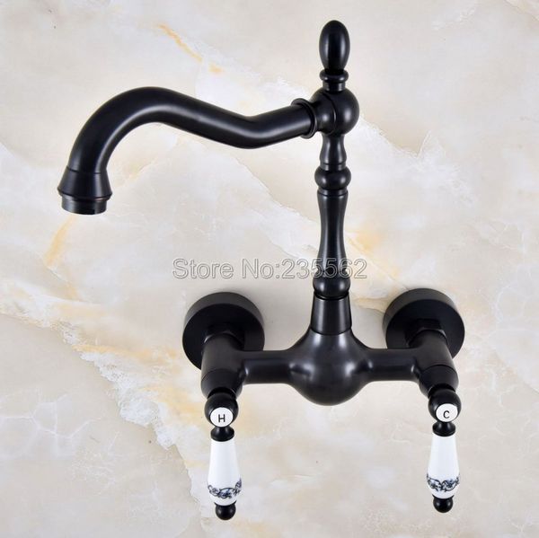 

black oil rubbed brass kitchen sink faucet wall mounted double handle bathroom basin cold and mixer tap lnf861