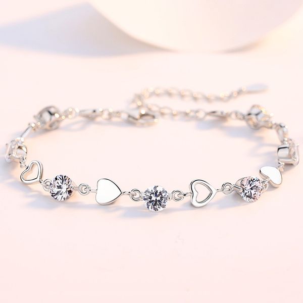 

s925 pure silver jewelry korean fashion chain the classic smooth heart bracelet women's personality love hollow bracelet, Black