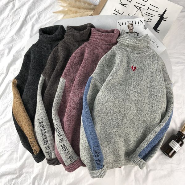 

men's new sweater knitted sweater collision color leisure high collar pullover knitted mens turtleneck, White;black
