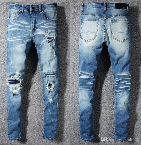 

2020 men jeans amiri brand jeans mens casual hole shorts washed old patch pants embroidery denim pants feet pants, Blue
