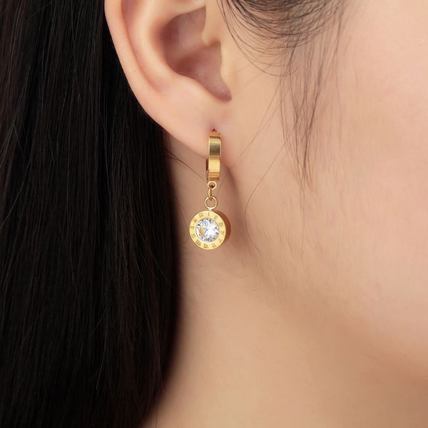 

new titanium steel beautiful roman numeral gold color inlaid 6mm drop earrings for women earring jewelry gift, Silver