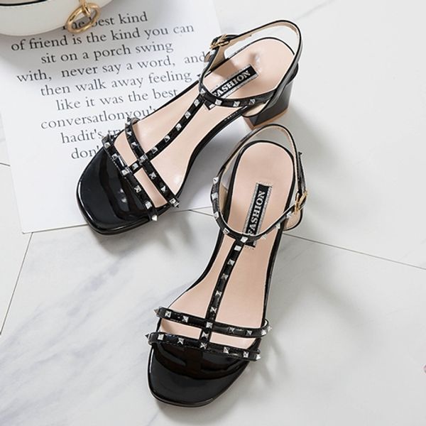 

new 2019 women sandal designer sandals designer slides rivets high heels party sandale, Black
