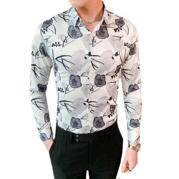 

men long sleeve shirt chemise 2020 spring autumn man flower shirt personality fashion casual slim fit club prom -4xl, White;black