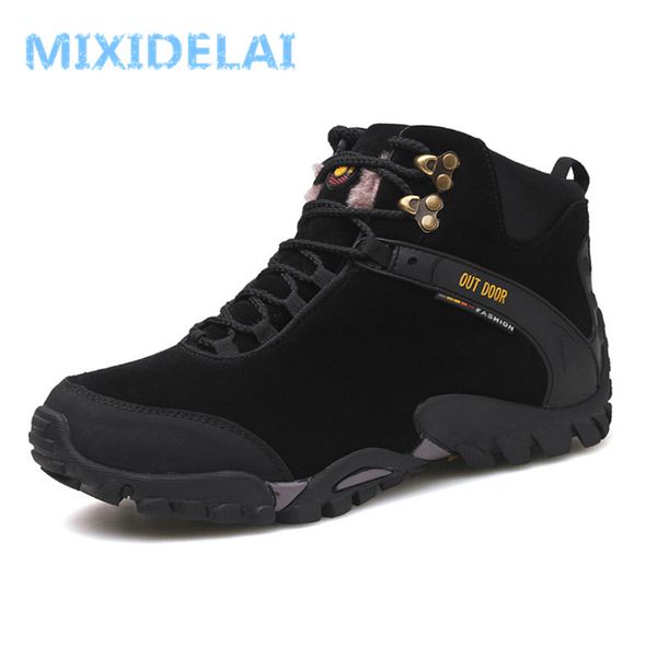 

mixidelai 2018 winter warm fur snow boots male shoes for men fashion cow suede walking work safety ankle footwear sneakers, Black