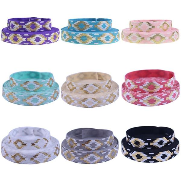 

fold over elastic 5/8" - by the yard gold foil aztec printed fold over elastic hair band foe hair accessories 9 colors, Slivery;white