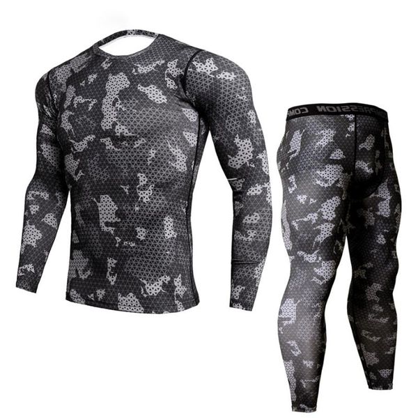 

new fitness camo t shirt men compression shirt 2pcs/sets sportswear mma rashguard mens joggers leggings gyms bodybuilding tights, Gray