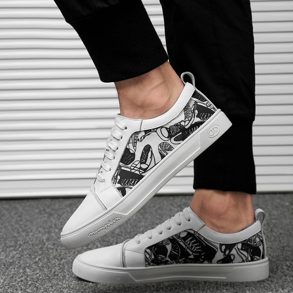 

2020 spring new low-white shoes men's british leather first layer leather tide brand youth board shoes tide, Black