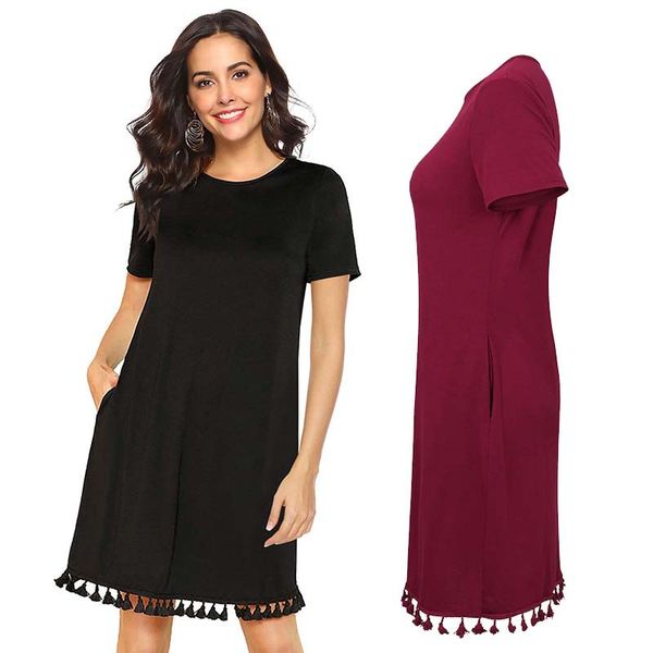 

2019 spring and summer women short sleeve dress round neck loose casual tassel pocket dresses, Black;gray