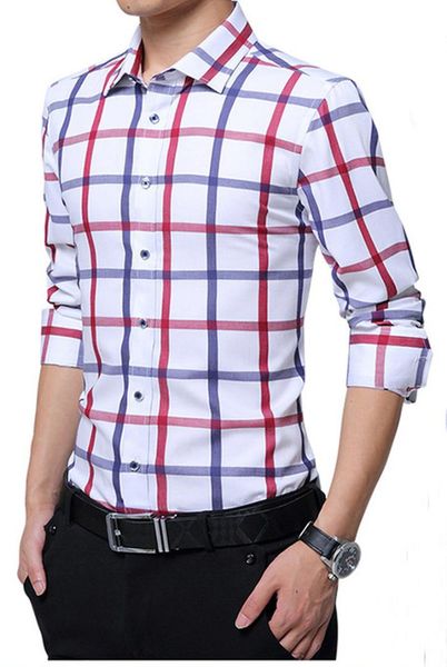 

quality good men spring shirt slim fit plaid shirts long sleeve cotton dress button casual camiseta masculina checkered shirt, White;black