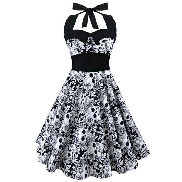 

halter dress summer women sleeveless floral print femme elegant vintage dresses retro rockabilly prom party dress, Black;pink